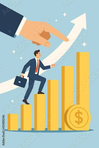 Businessman climbing career ladder bar chart representing financial growth and success. Giant hand guiding upward arrow, symbolizing mentorship, support, professional development, and achievement.