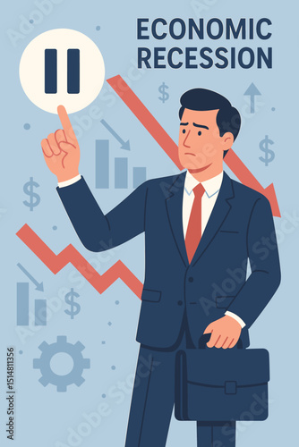 Economic recession concept: Worried businessman signals pause amid financial crisis. Market crash, investment downturn, stock decline, unemployment, inflation, and business stagnation.