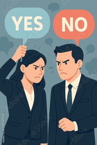 Communication deadlock concept. Business man and woman in disagreement. Opposing views, yes and no speech bubbles. Conflict, argument, dispute, misunderstanding. Frustration, anger.