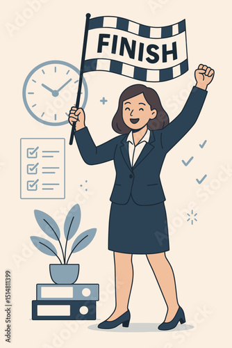 Successful businesswoman celebrates project completion, holding finish line flag. Office triumph, task accomplished, deadline met. Happy employee reaching career goal, productivity vector.