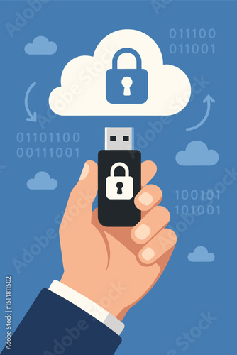 Secure data transfer concept illustration. Hand holding USB flash drive connecting to encrypted cloud storage. Cybersecurity, data protection, information privacy, binary code, IT security.