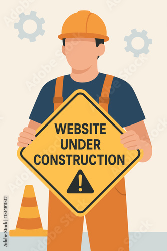 Website under construction concept. Faceless male worker in hard hat holding yellow warning sign. Web page maintenance, internet development, site update. Vector illustration with traffic cone.