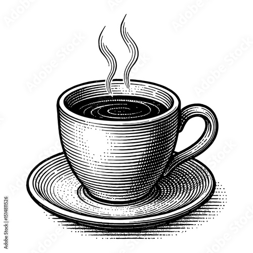 Monochrome Coffee Cup with Steam Rising on a Detailed Saucer Illustration
