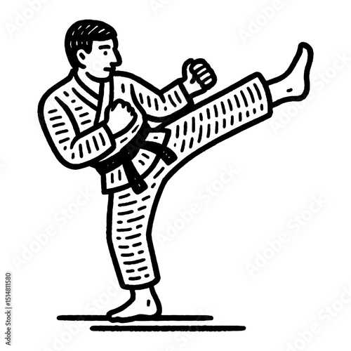 Monochrome Martial Arts Illustration Of Person Performing High Kick on White