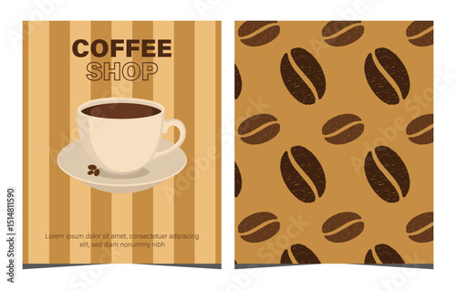 Vintage coffee shop poster and seamless pattern with brown tones, coffee cup illustration, and repeating coffee beans. Perfect for cafe branding, packaging, or menu designs.