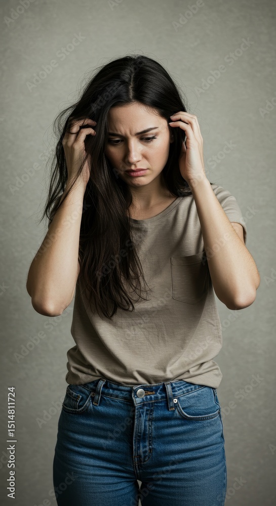 Portrait Stressed Woman with Anxiety with Hands on Head in Studio Portrait Stressed Woman with Anxiety with Hands on Head in Studio