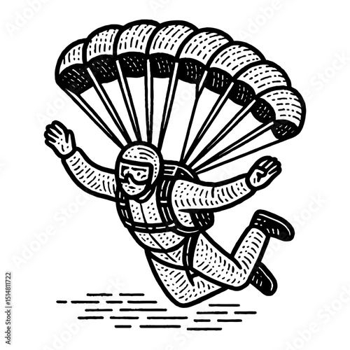 Skydiver in Flight Monochrome Line Art Illustration Against White Background