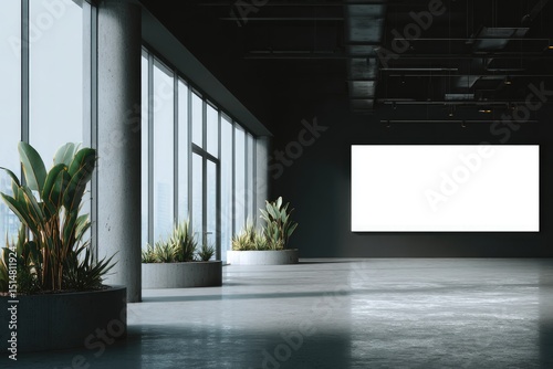 Modern, empty hall with large blank billboard