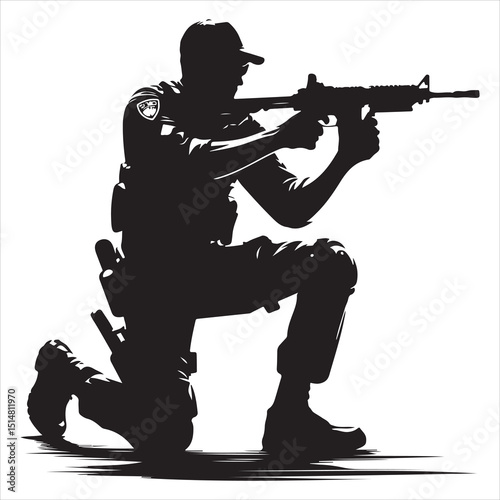 Police Officer in Action Silhouette - Defending Law and Order, black colour vactor 