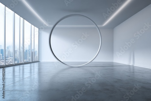 Empty modern room with large ring, city view