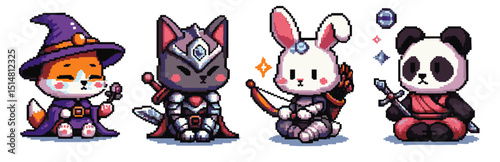 A set of cute pixel art animals fantasy RPG elements: a wizard with a tiny hat, a knight with armor, a monk meditating, and an archer with a mini bow.