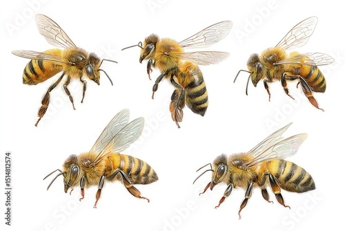 Detailed honey bee illustration, realistic depictions of pollinators with intricate wing and body textures isolated on white background