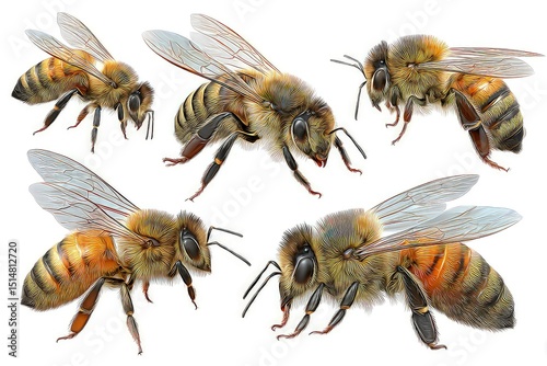 Detailed honey bee illustration, realistic depictions of pollinators with intricate wing and body textures isolated on white background