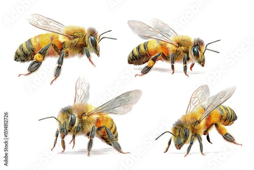 Detailed honey bee illustration, realistic depictions of pollinators with intricate wing and body textures isolated on white background