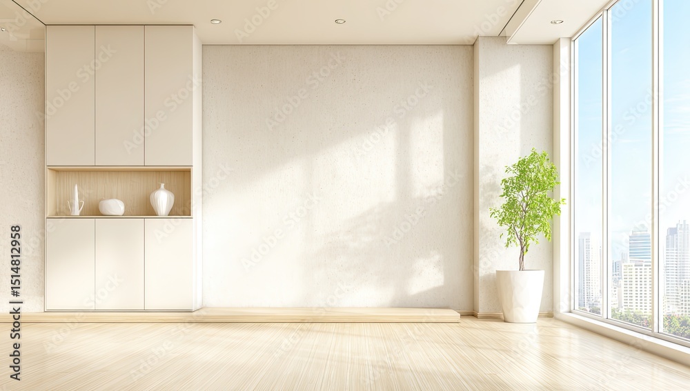Fototapeta premium Minimalist interior room with large windows. Bright, modern space, light beige walls, light wood floors, and white cabinetry. Small plant in a pot in corner. Empty room, perfect for showcasing