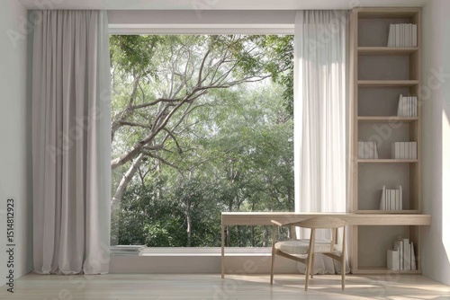 A minimalist study with a large window showcasing a lush garden