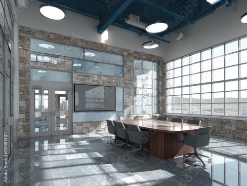 Modern meeting room with large windows, stone accents, and a long table