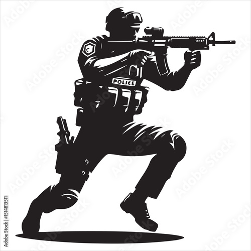 Police Officer in Action Silhouette - Defending Law and Order, black colour vactor 
