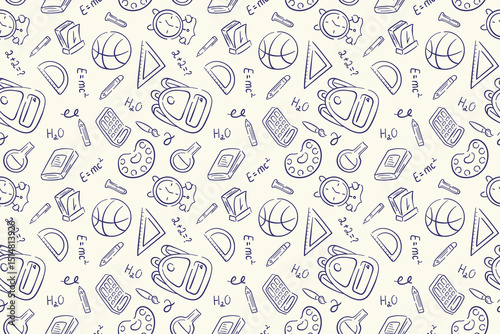 Back to school doodle style seamless pattern. Hand drawn stationary illustration design on a beige background for package, background.