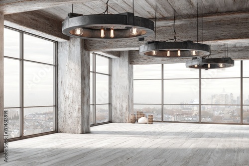 Industrial loft interior with city view