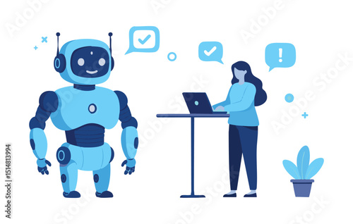 Stunning Flat Illustration AI Robot and Human Collaboration - Seamless Teamwork in Modern Technology