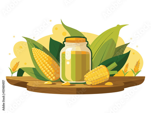 Corn oil in glass jar with corncobs isolated on white background
