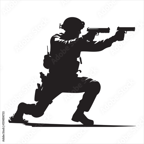 Police Officer in Action Silhouette - Defending Law and Order, black colour vactor 
