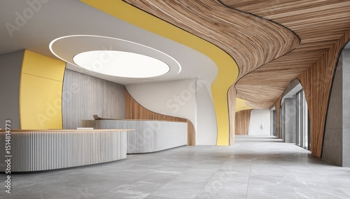 Modern lobby with curved wooden ceiling and yellow accents