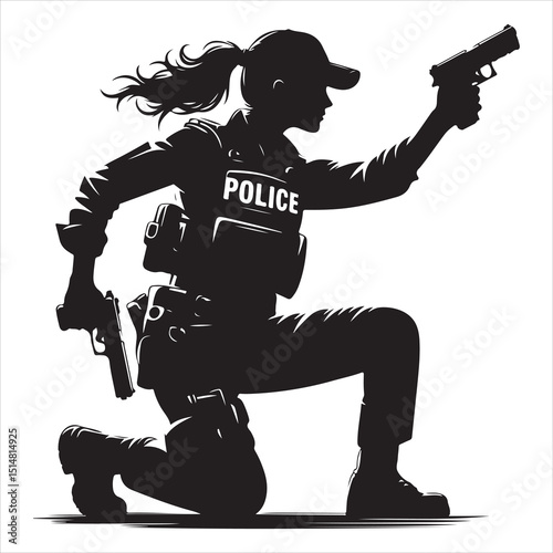 Police Officer in Action Silhouette - Defending Law and Order, black colour vactor 