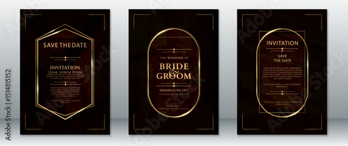 Elegant Wedding Invitation Set with Geometric Gold Frames on Dark Brown Background