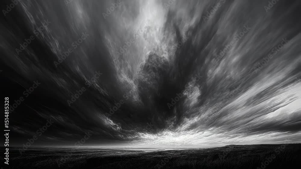 A monochrome tableau of impending twilight, with dramatic clouds stretching ominously across a stark landscape, evoking solitude