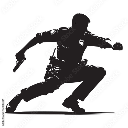Police Officer in Action Silhouette - Defending Law and Order, black colour vactor 