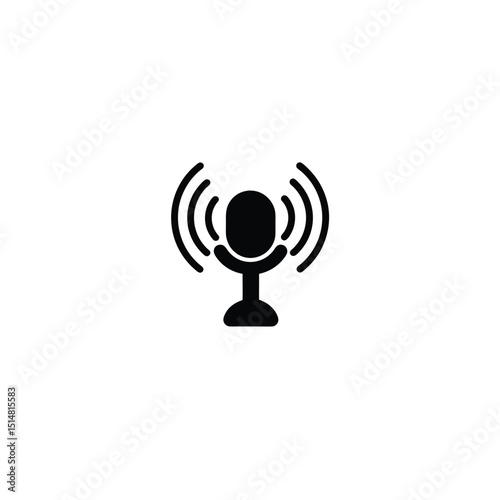 Silhouette of a microphone with concentric signal waves radiating outward on white background