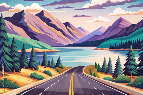 Asphalt road and lake water vector with green mountain natural landscape under blue sky. Outdoor natural background illustration