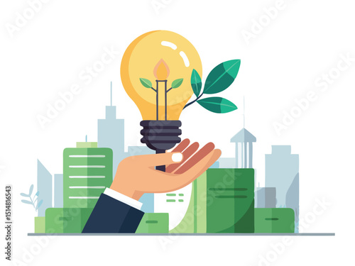 Green energy idea lightbulb held in hand isolated on white background
