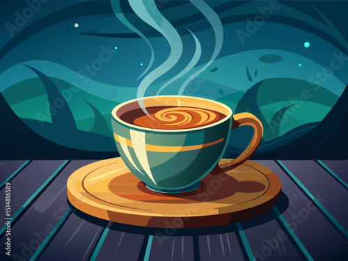 vector of Cup of steaming coffee on dark wooden table, moody background. Suitable for cafe menu...