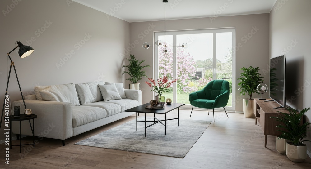 Fototapeta premium Realistic Interior Living Room with Sofa Chair and Wooden Floor