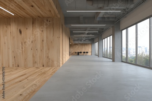 Empty modern office space with wooden partitions and concrete floors.  Large windows offer city views