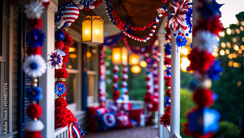 Porch decorated with red white and blue decorations for a patriotic holiday celebration event day