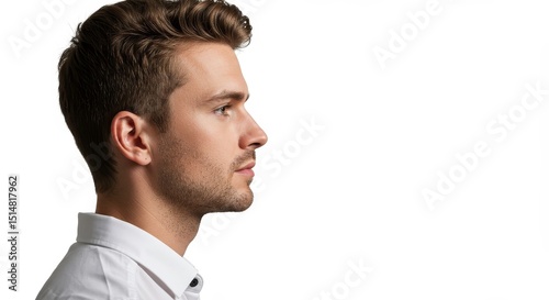 Profile Portrait Of Man In White Shirt On Clean White Background