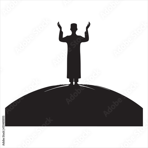 Profile view of a person in Munajat, hands outstretched in prayer, black silhouette on a white background 