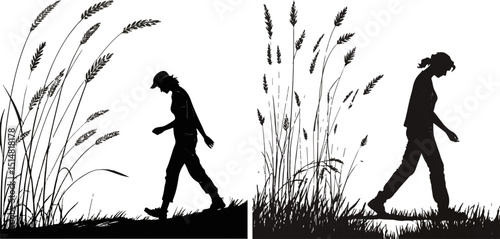 Woman Walking in Tall Grass - Solitary Nature Stroll Silhouette