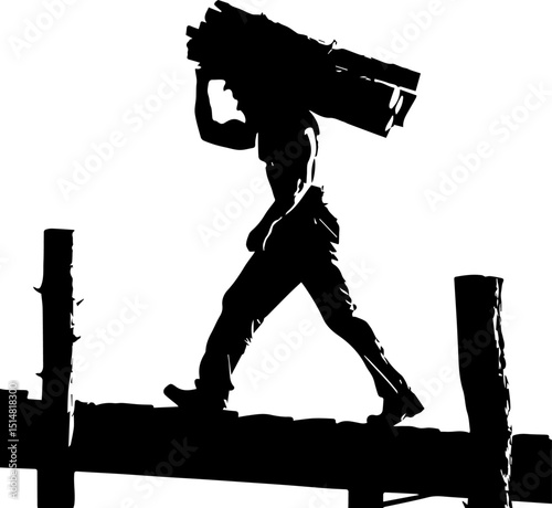Strong Laborer Carrying Lumber - Construction and Work Ethic Silhouette