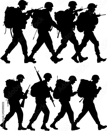 Military Soldiers Marching - Armed Troops in Formation Silhouettes