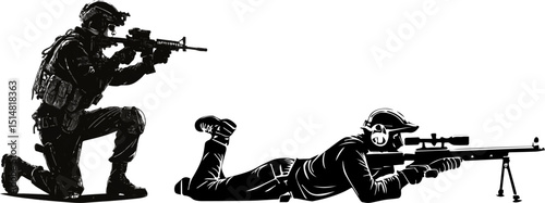 Military Sniper and Rifleman - Soldiers Aiming Silhouettes