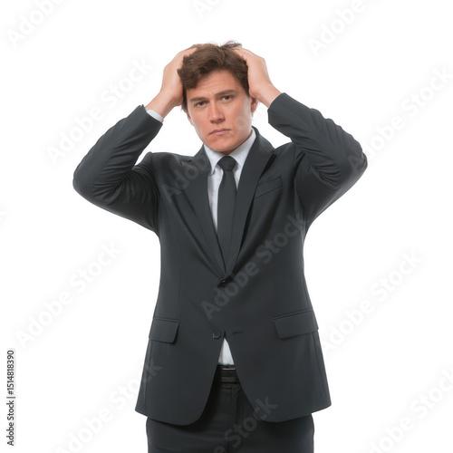 A frustrated businessman in a suit with his hands on his head, conveying stress and anxiety in a corporate environment. Isolated on a white background for clear focus.