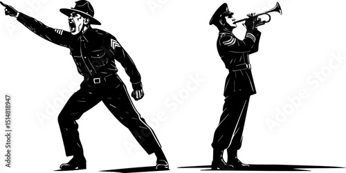 Law Enforcement Officer Directing and Military Bugler Silhouettes