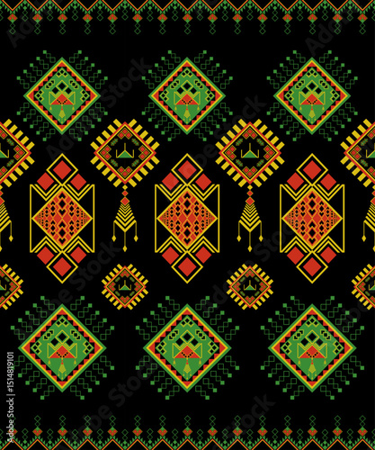 Geometric Ethnic pattern,
Native American tribal fabric, tile, carpet, vector,
illustration design, on black background