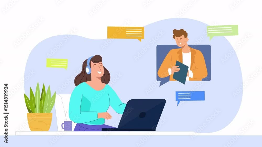 Friendly woman video conferencing with business partner on laptop Friendly woman video conferencing with business partner on laptop