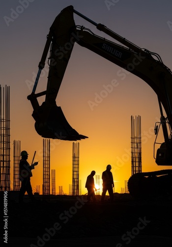 Silhouette Construction Workers Sunset Excavator on Industrial Building Site